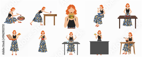 Stylish Flat Illustration Set of Woman Enjoying Various Food Related Activities