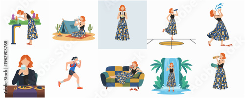 Flat Illustration Woman Character Activities Lifestyle Set in Various Poses
