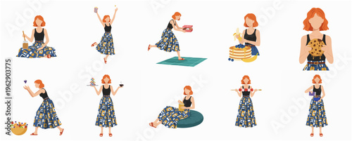 Minimalist Woman in Various Poses with Food and Hobbies Illustration Set