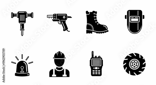 Industrial Work Safety Tools and Equipment Vector Icons Set for Construction Related Graphics