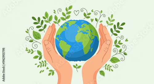 Hands cradling earth globe surrounded by green leaves and vines on light background symbolizing eco friendly care and sustainability