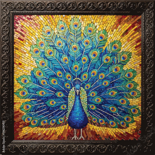 A mosaic art piece of a peacock with its tail feathers fully displayed