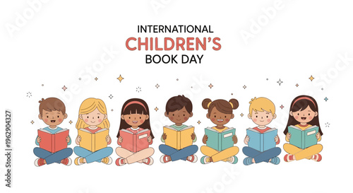 Diverse children sitting and reading books on International Children's Book Day with colorful illustrations and a celebratory mood.