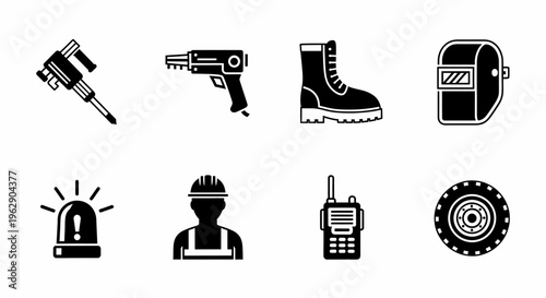 Construction Safety Equipment and Tools Vector Icons Set