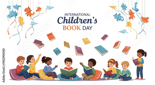 Children sitting and reading books in a colorful illustration for International Children's Book Day with floating books and balloons.