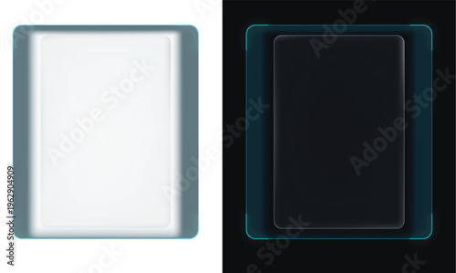 Modern glass UI card panel with neon glowing frame transparent overlay glassmorphism design light and dark version