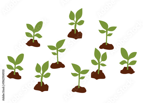 Simple illustration of young green plants growing from soil representing growth and gardening.