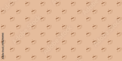 Seamless pattern of small coffee cups repeated on a warm brown background creating a cozy cafe theme.