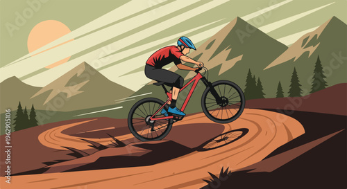 A cyclist in the mountains rides his bicycle on a winding dirt path at sunset