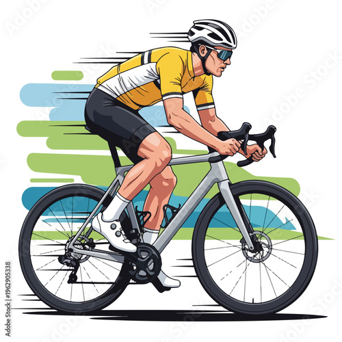 A cyclist in yellow jersey and helmet speeding on a grey bicycle