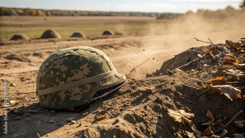 Silent Battlefield: A solitary helmet rests amidst the stark landscape of a battleground, the scene a poignant testament to the cost of conflict.