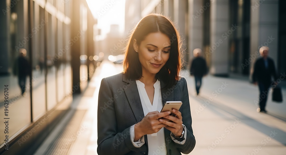 Fototapeta premium Businesswoman using smartphone on city street.