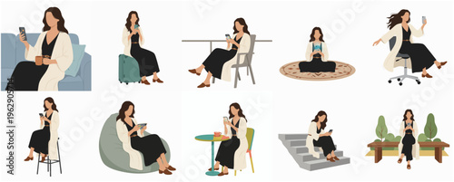 Flat Style Diverse Woman Relaxing and Using Mobile Phone Illustration Set