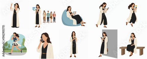 Flat Style Diverse Poses of Young Woman in Various Activities Character