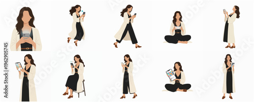 Minimalist Faceless Woman Using Mobile Device in Various Poses Illustration