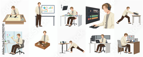 Simple Flat Illustration of Various Lifestyle Scenes of a Young Man