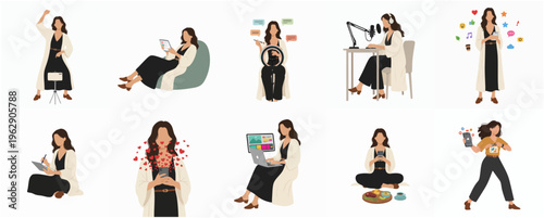 Flat Design Woman Various Activities Doing Podcast Recording and Online Streaming Illustration