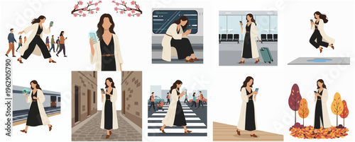 Flat Style Isolated Woman Character in Various Urban and Nature Scenarios