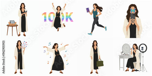 Flat Style Diverse Woman Activity Lifestyle Illustration Set of Poses
