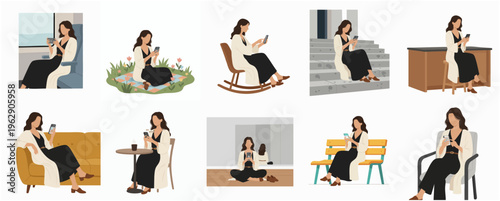 Minimalist Flat Design Young Woman Sitting in Different Places Illustration Set