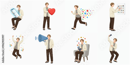 Minimalist Flat Illustration Set of Man in Casual Pose Lifestyle Character