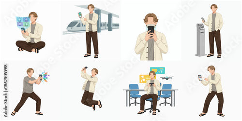 Modern Flat Design Man Using Smartphone in Various Activity Illustration Set