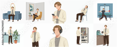 Minimalist Illustration Set of Faceless Man in Various Daily Activities