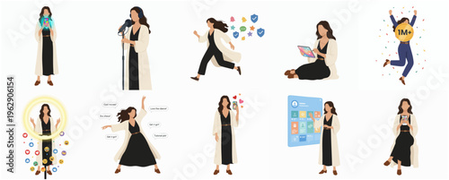 Flat Design Young Woman in Various Activity Poses Illustration Set