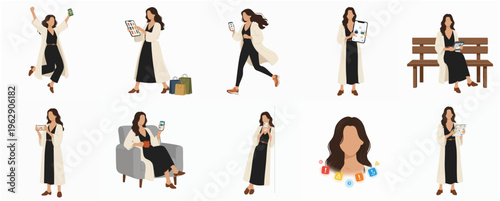 Minimalist Flat Illustration Set of Fashionable Woman Shopping Online Activities
