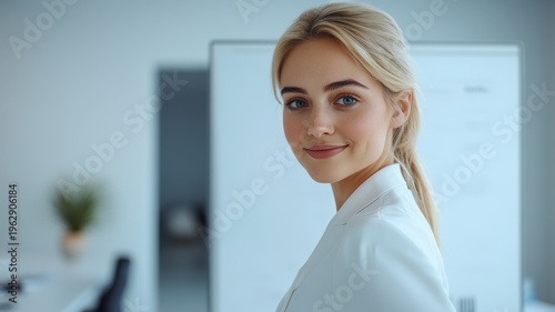 Free Download Confident young professional businesswoman smiling at camera in modern bright office setting featuring soft natural lighting and a professional corporate atmosphere - GFXLoad