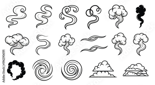 Black and white cartoon smoke clouds and wind swirl design elements
