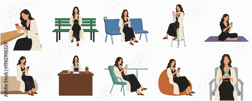 Minimalist Flat Style Woman Sitting In Different Places Illustration