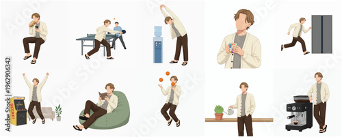 Flat Style Illustration Lifestyle Activity of Young Man in Different Situations
