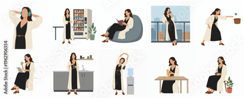 Flat Style Woman in Various Poses and Activities Illustration Set
