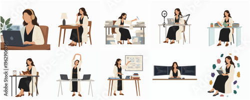 Minimalist Flat Illustration of Woman Working From Home Lifestyle Activity Set