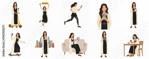Minimalist Flat Illustration Set of Woman Using Phone in Various Activities