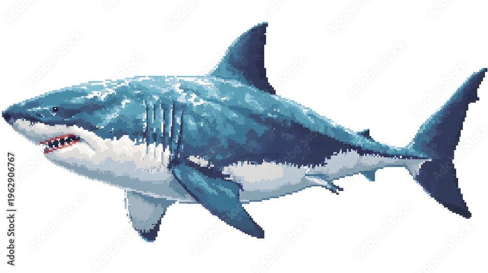 Fototapeta premium Pixel art illustration of a great white shark swimming alone.