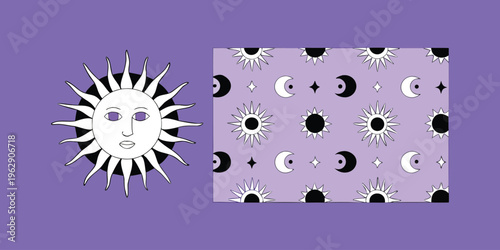 A smiling sun with rays and a background of purple grid with moon phases arranged systematically