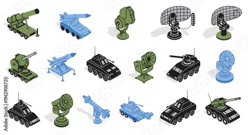 Military Vehicle and Radar System Isometric Icon Set – AutoCAD Army Transport Equipment Outline Silhouettes