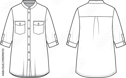 Technical flat sketch of women's button down tunic shirt dress with mandarin collar chest pockets and three quarter length sleeves