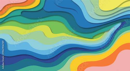 A layered abstract background with flowing, colorful, paper-cut-like waves