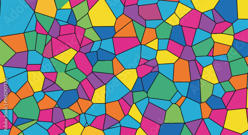A mosaic of irregular shapes colored in various bright shades