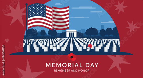 A patriotic graphic shows flag above a cemetery honoring fallen soldiers