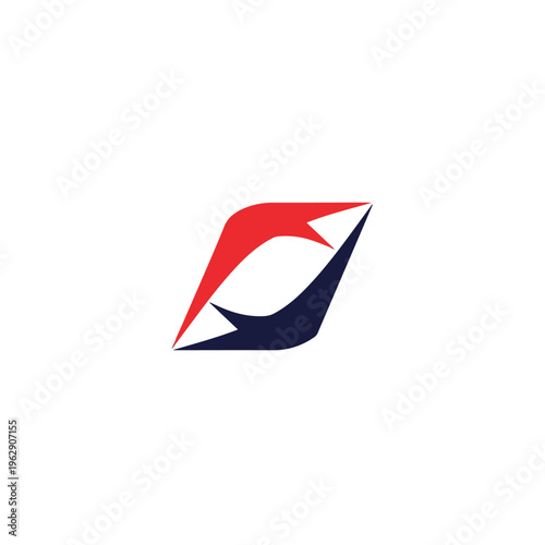 A geometric abstract shape of red and blue opposing arrows