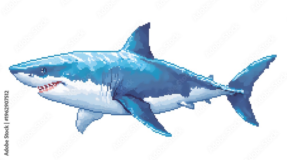 Fototapeta premium Pixel art illustration of a great white shark swimming alone.