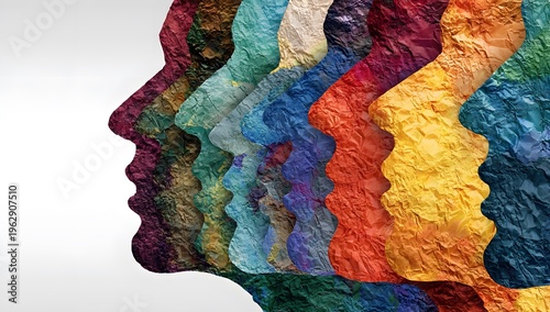 Colorful textured human face profiles layered to represent diverse community and global connection on a bright white background