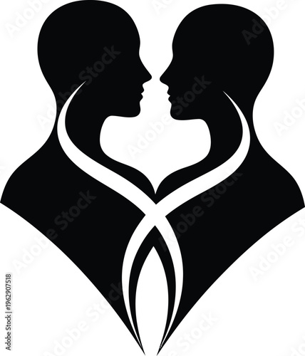 Loving Couple Silhouettes Kissing on White Background