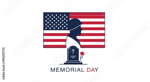 A patriotic graphic shows soldier silhouette with flag, tombstone, and text