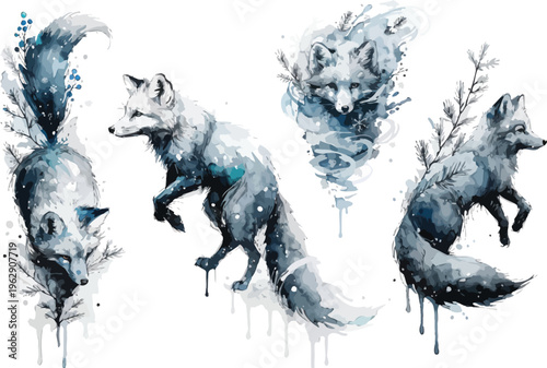 set of Watercolor Arctic Fox Clipart, Winter Animal Illustration, Isolated on White