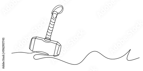 Thor’s Hammer Line Art, Minimalist continuous-line drawing of a hammer with a wrapped handle, resembling Thor’s hammer, Mjölnir